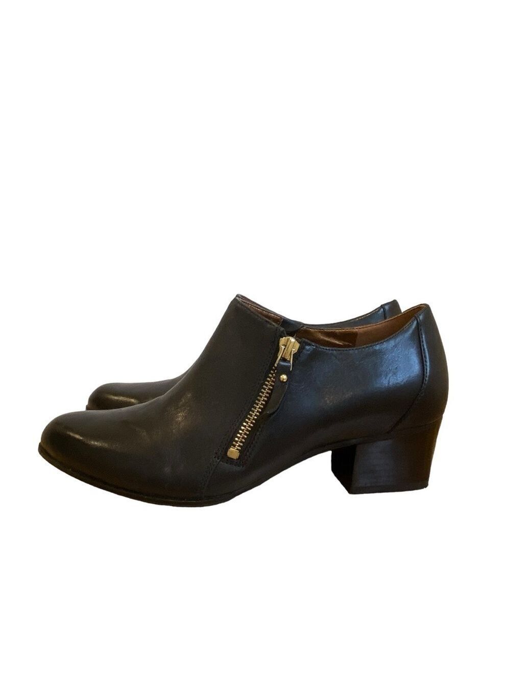 Naturalizer black ankle boots with gold side zip chunky heels almond 8.5